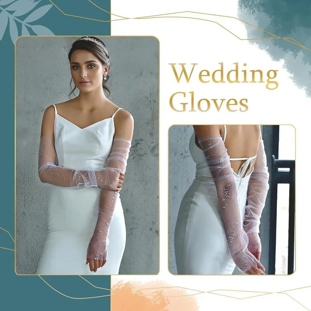 Women's Snow White Tulle Pearl Long Sleeves Gloves Bridal Party Prom Costumes